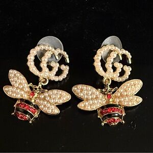 Elegant Gold and Red Bee Earrings